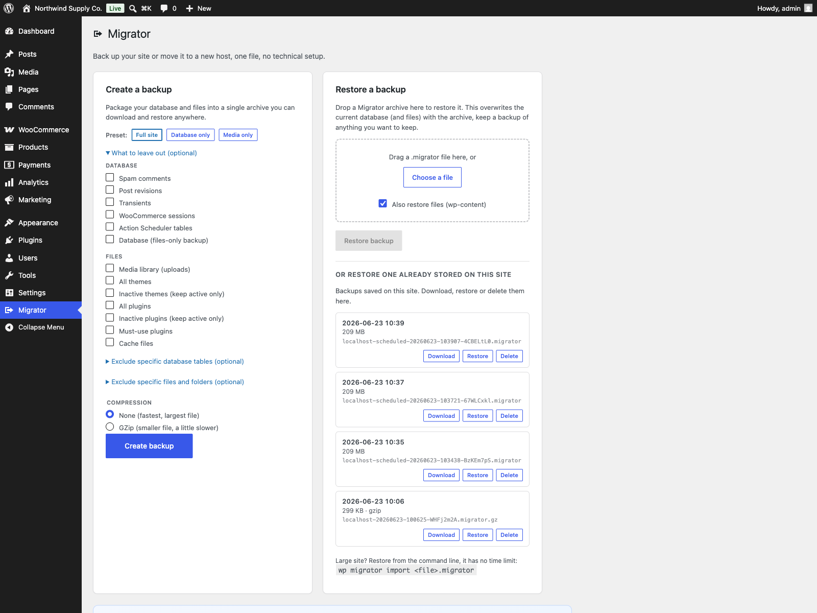 The Migrator screen: create a backup with presets and exclusions, alongside restore and the saved-backups list