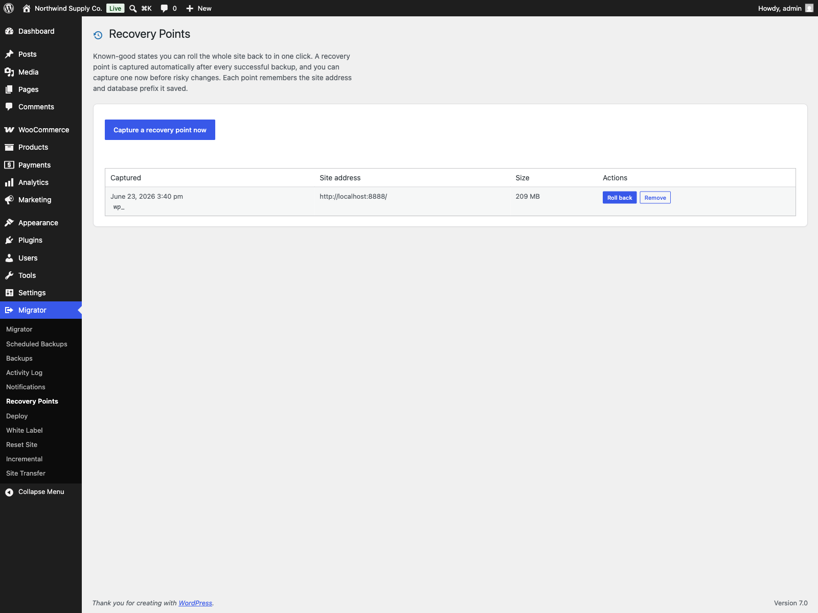 Recovery points: roll the whole site back to a known-good backup in one click