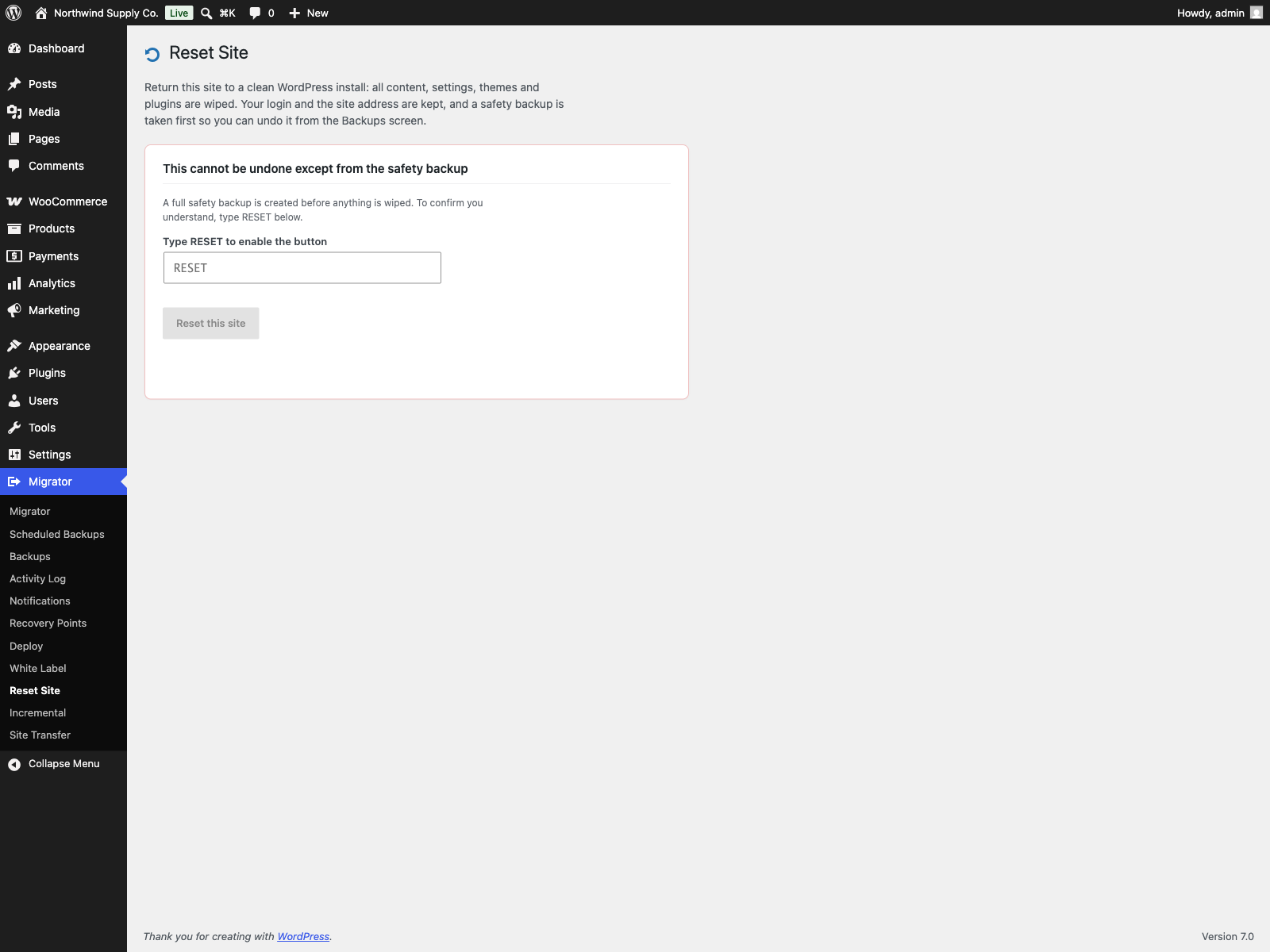 Reset site: return to a clean WordPress install with a safety backup taken first