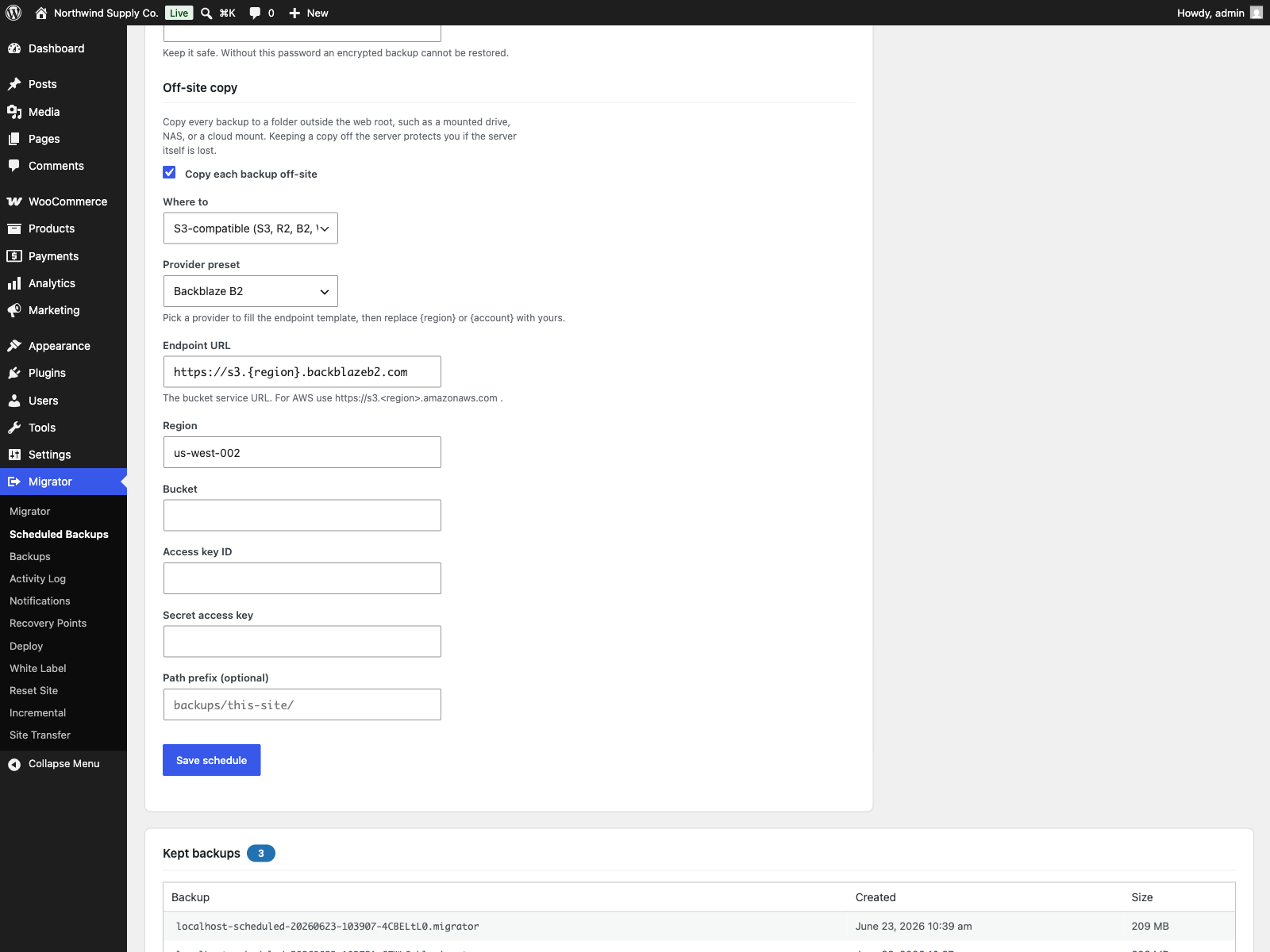 Scheduled backups with retention and off-site copy to S3-compatible storage with one-click provider presets