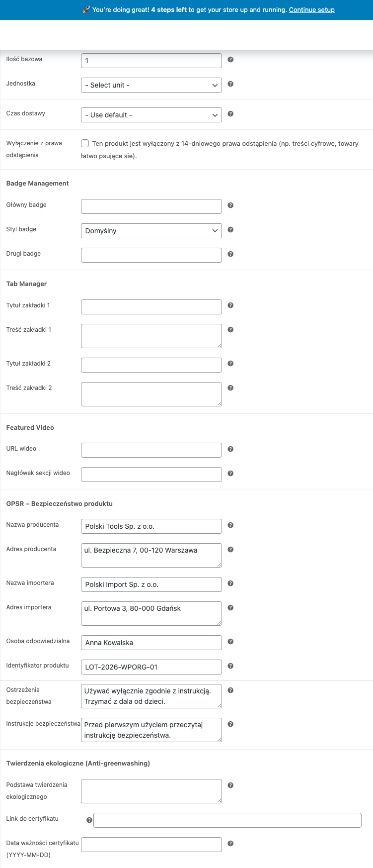 GPSR fields in WooCommerce product editor