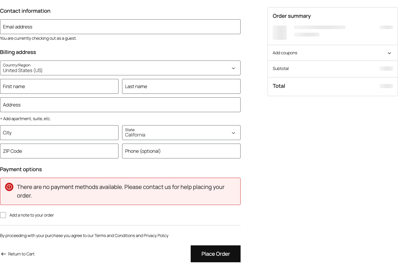 Checkout page with legal checkboxes and order button