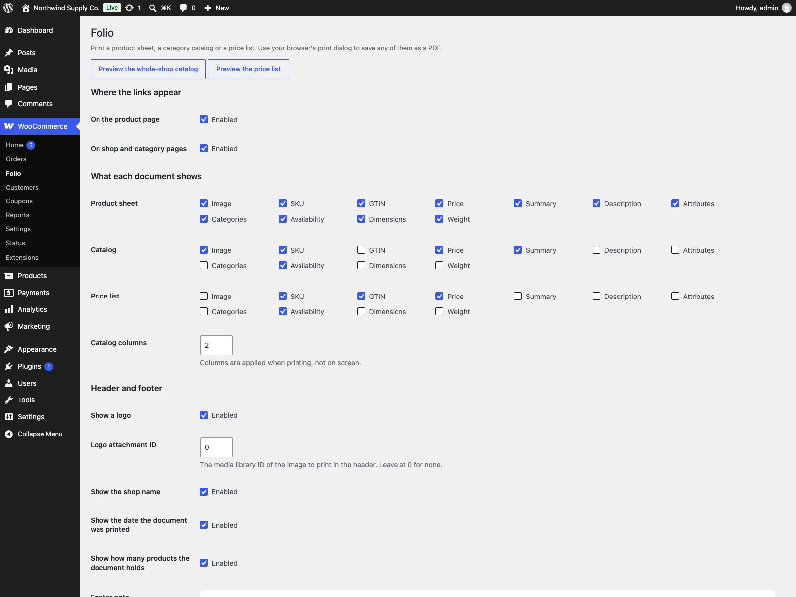 The Printvane settings screen with the fields for each document
