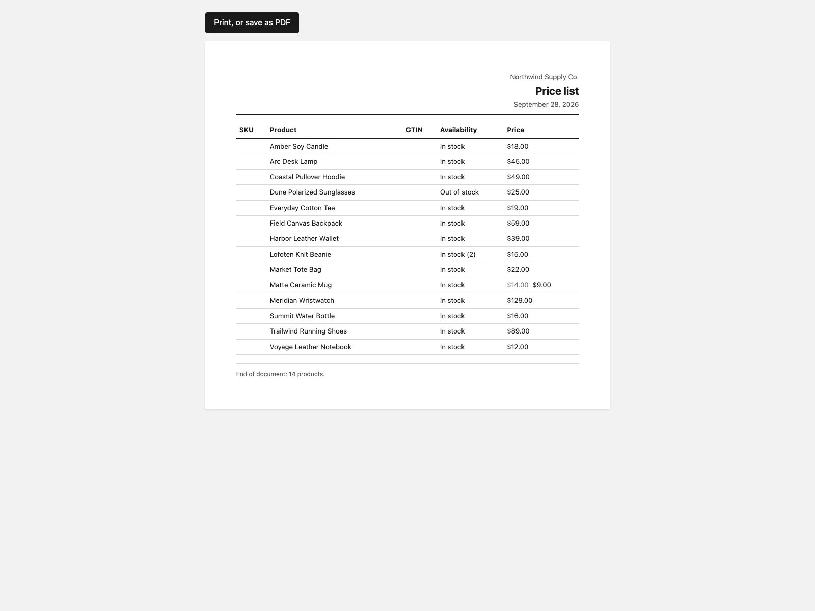 A Printvane price list table with a struck-through regular price on a sale item