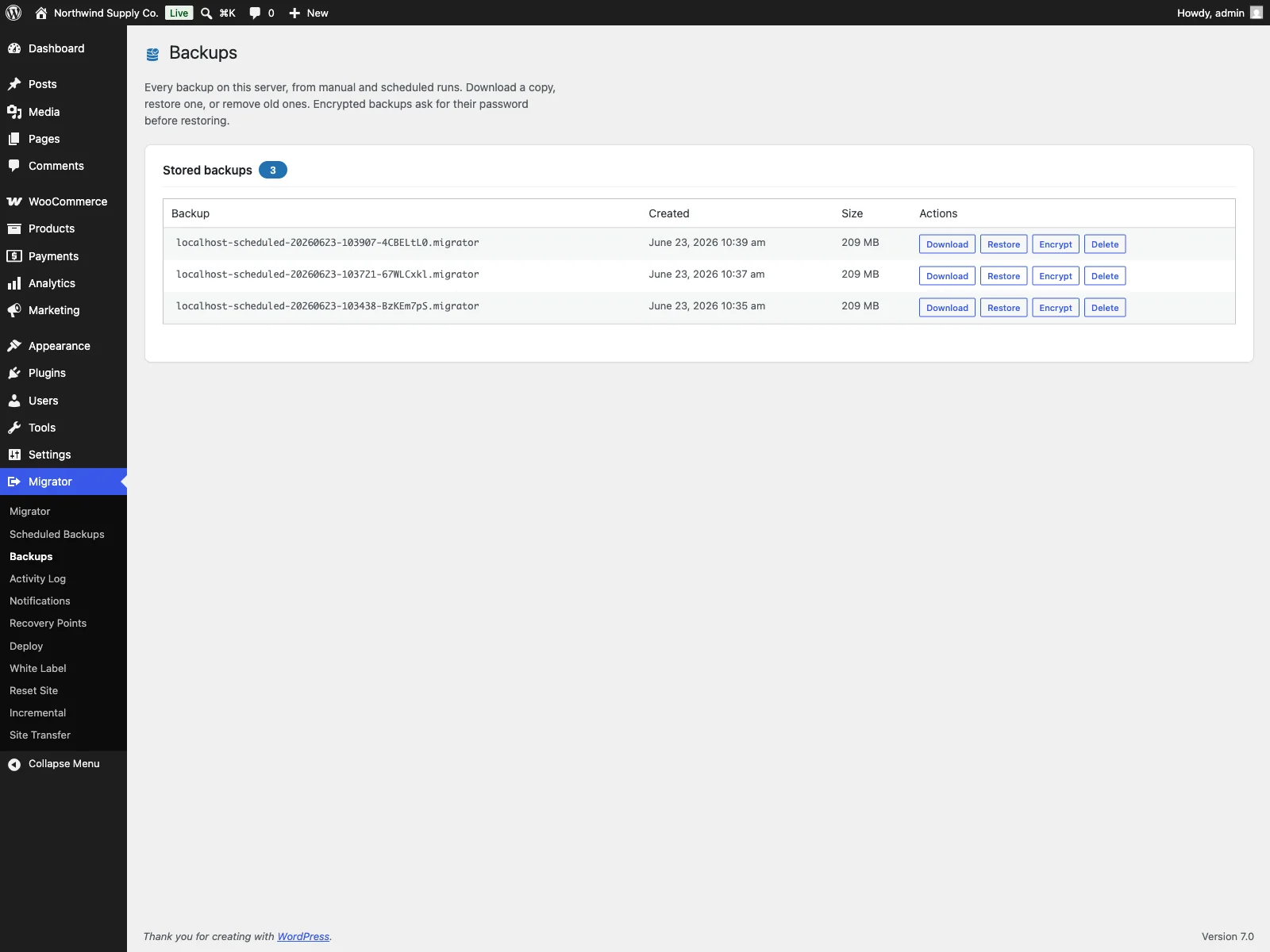 Migrator Pro backups manager