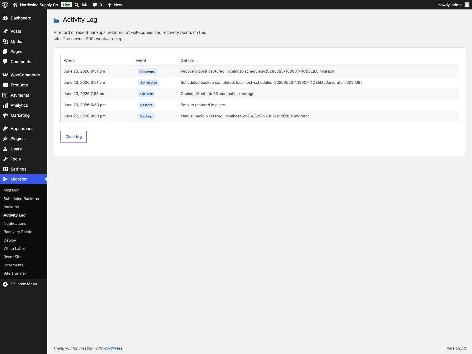 Migrator Pro activity log