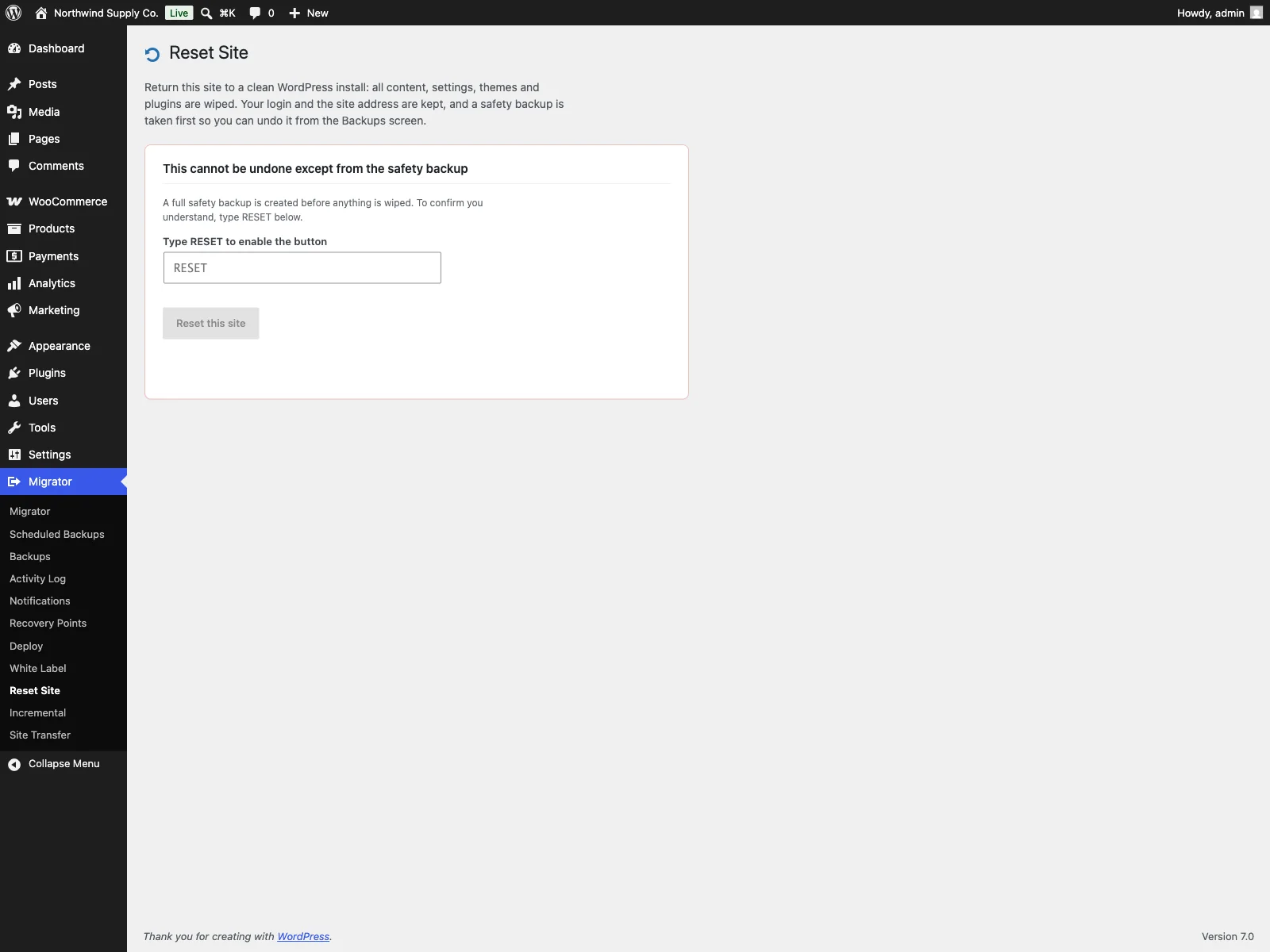 Migrator Pro reset site