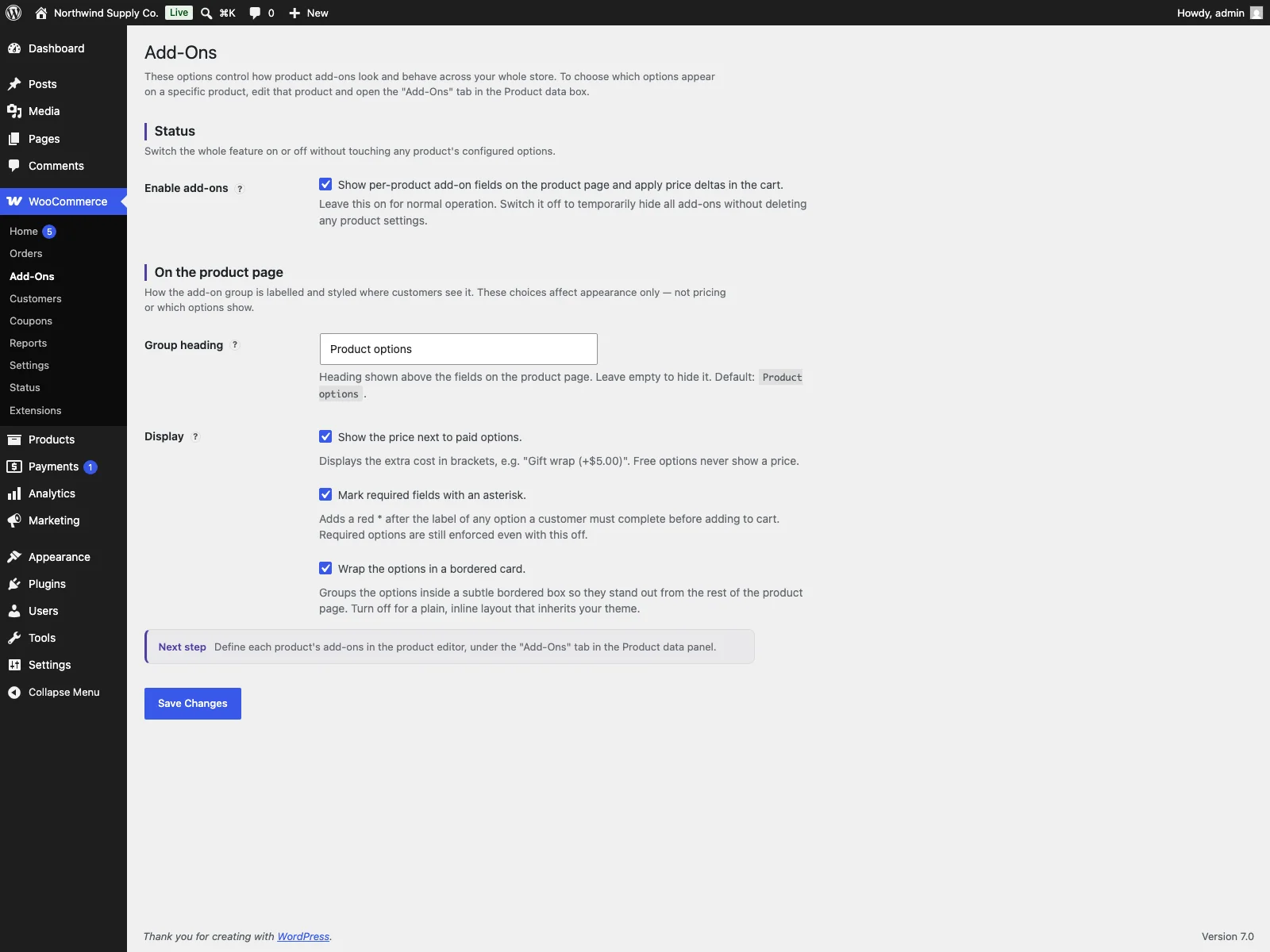 Add-Ons settings in the dashboard