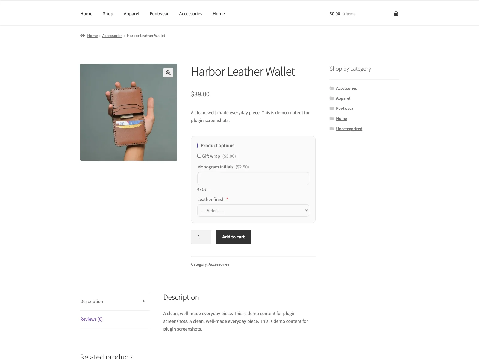 Product options on the product page