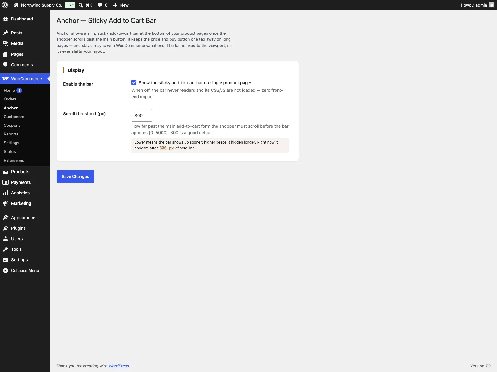 Anchor settings in the dashboard