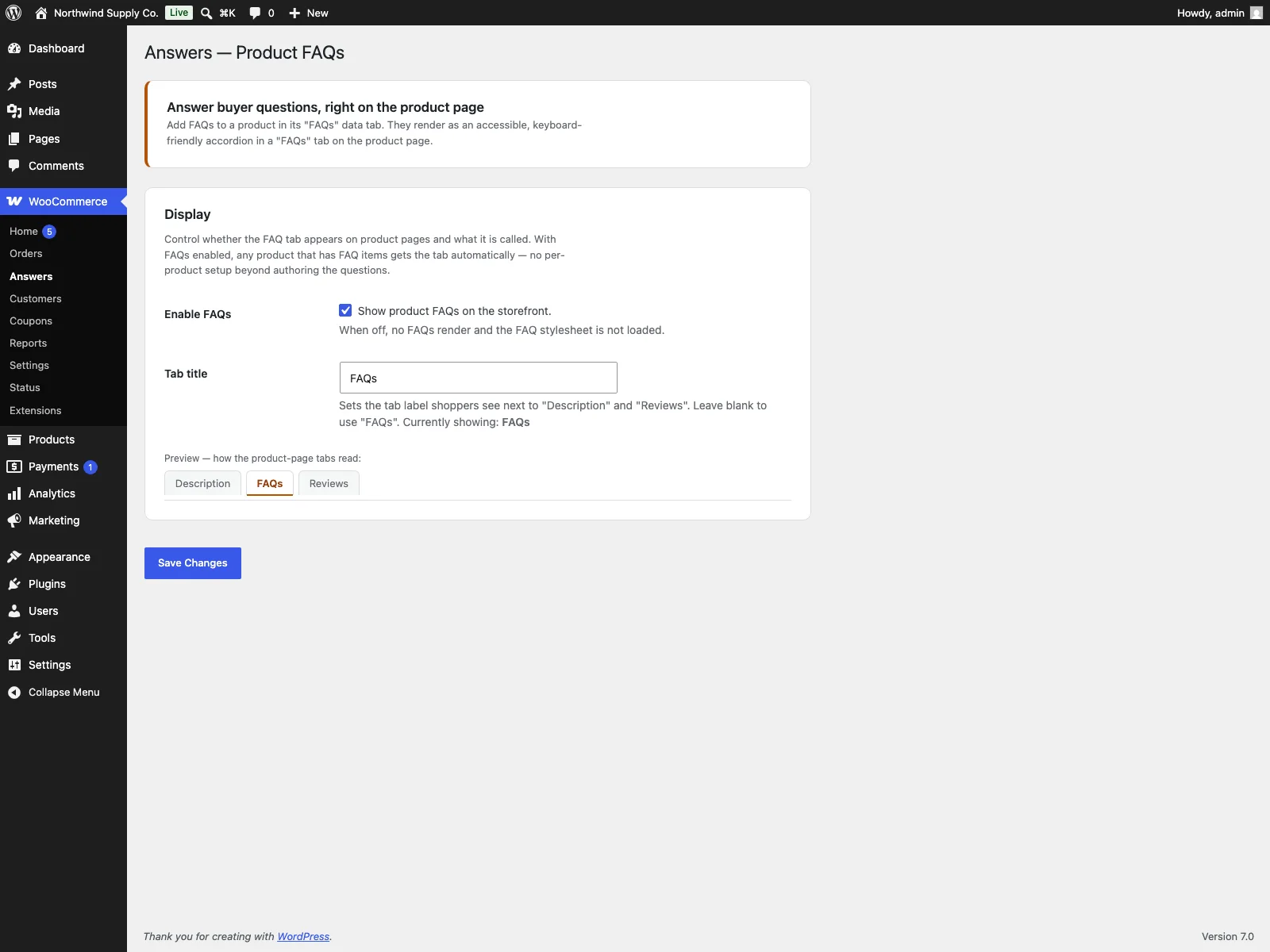 Answers settings in the dashboard