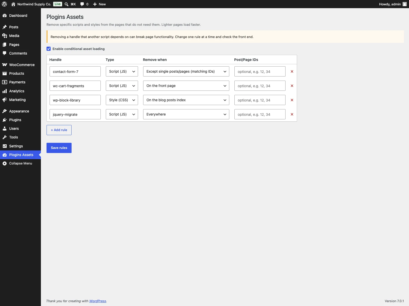 Assets rule table in the WordPress admin