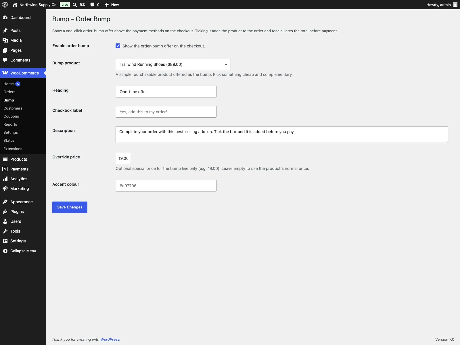 Bump settings in the WooCommerce admin