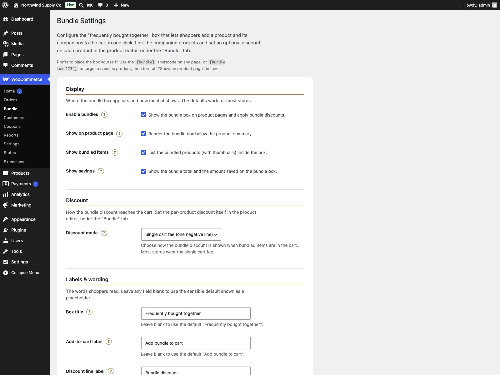 Bundle settings in the dashboard