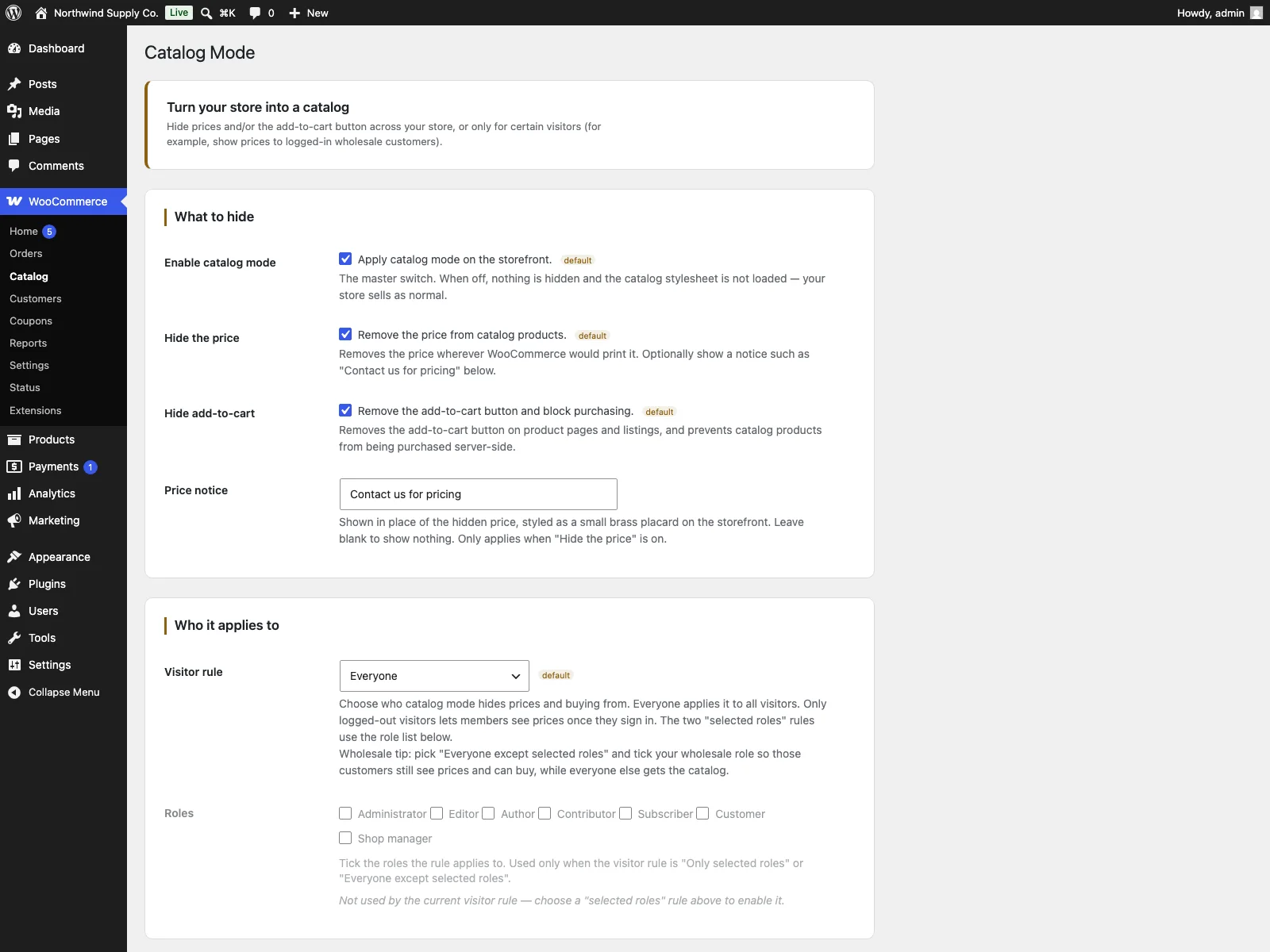 Catalog mode settings in the dashboard