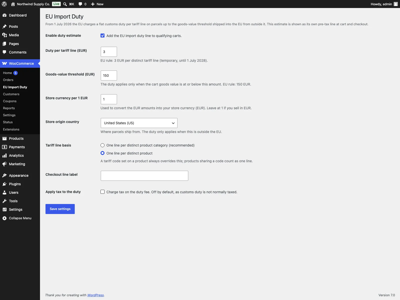 EU Import Duty settings in the WooCommerce admin