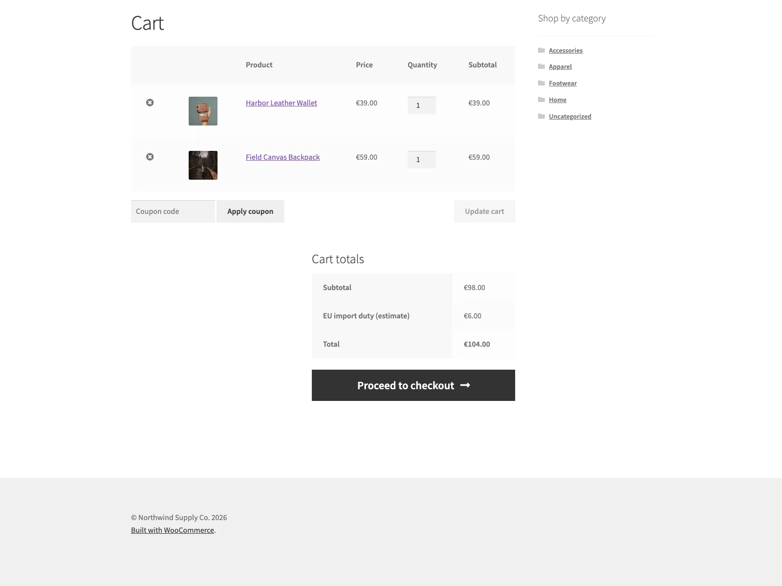 EU import duty line in the WooCommerce cart