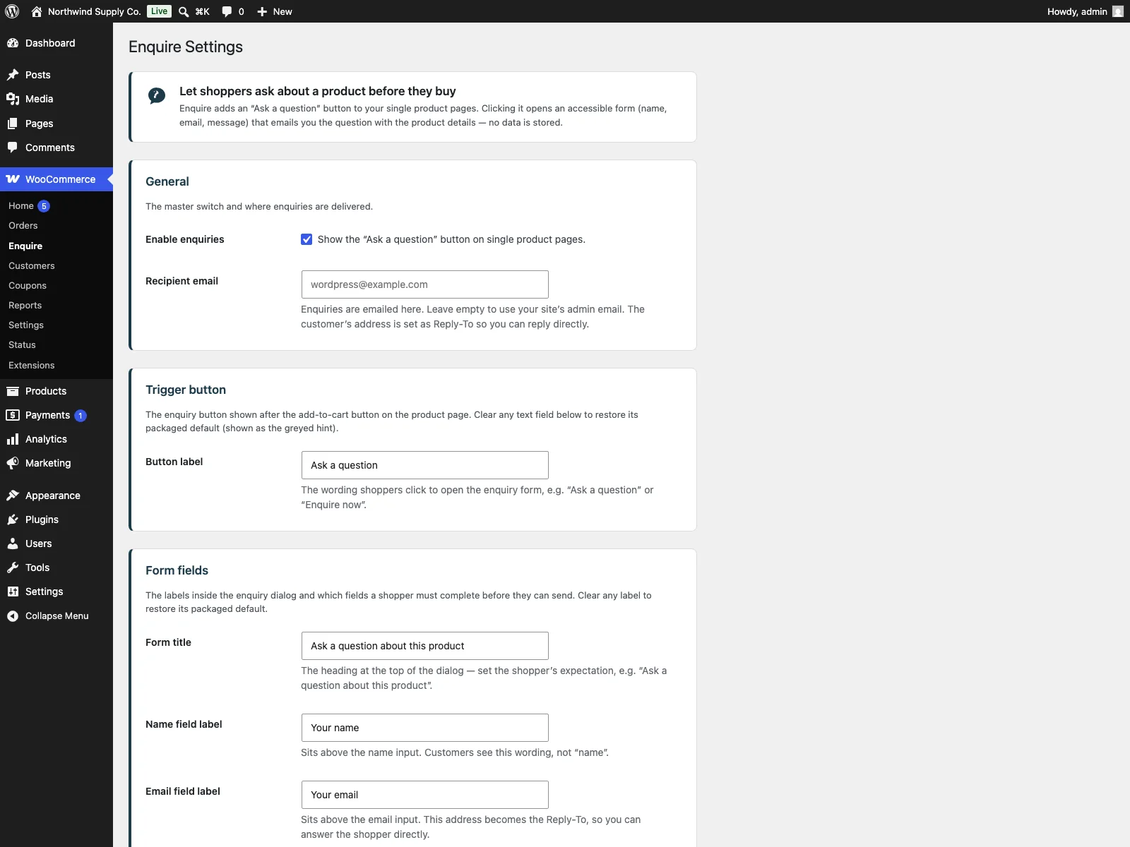 Enquire settings in the dashboard