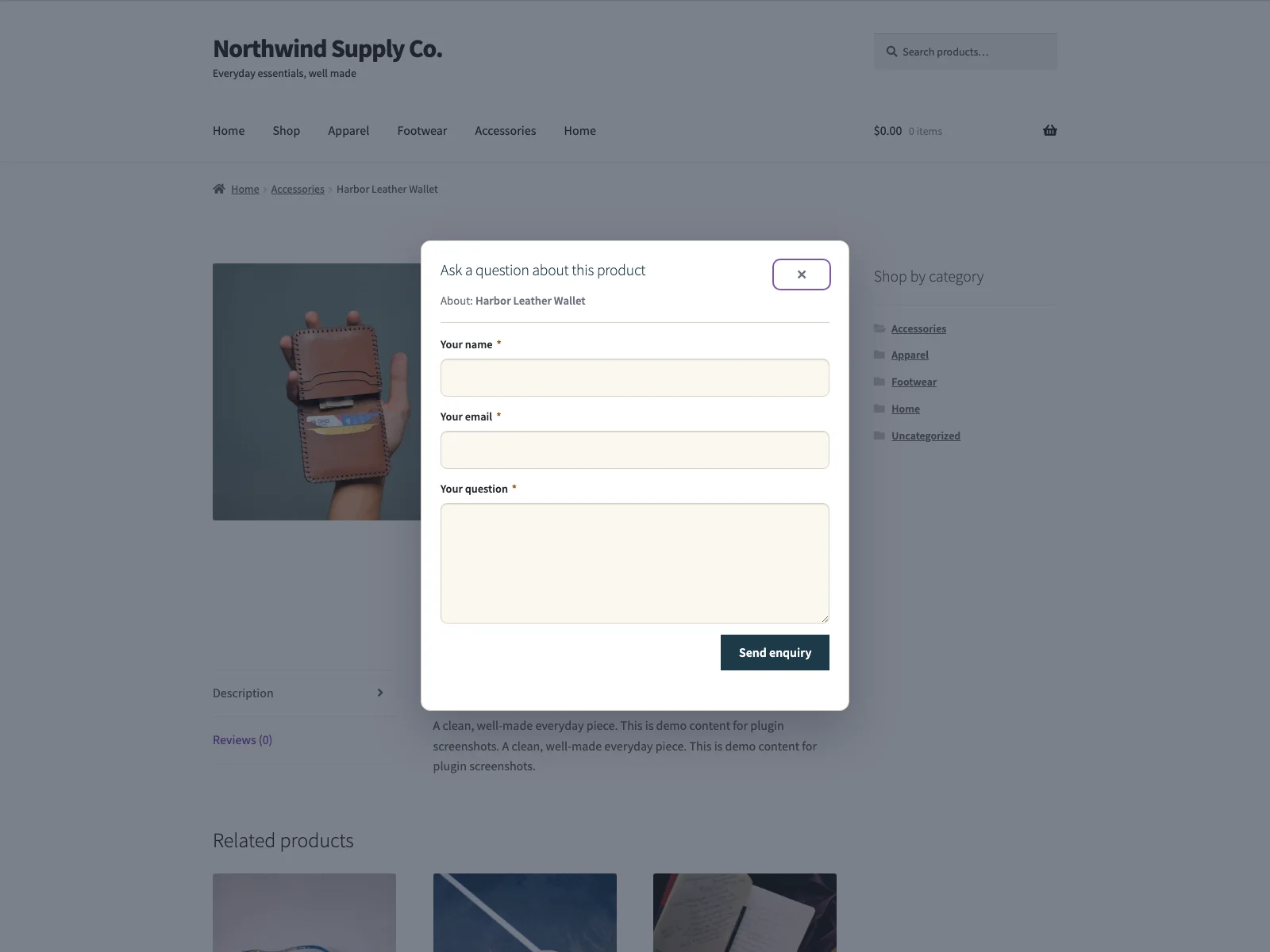 Enquiry form pop-up on the product page