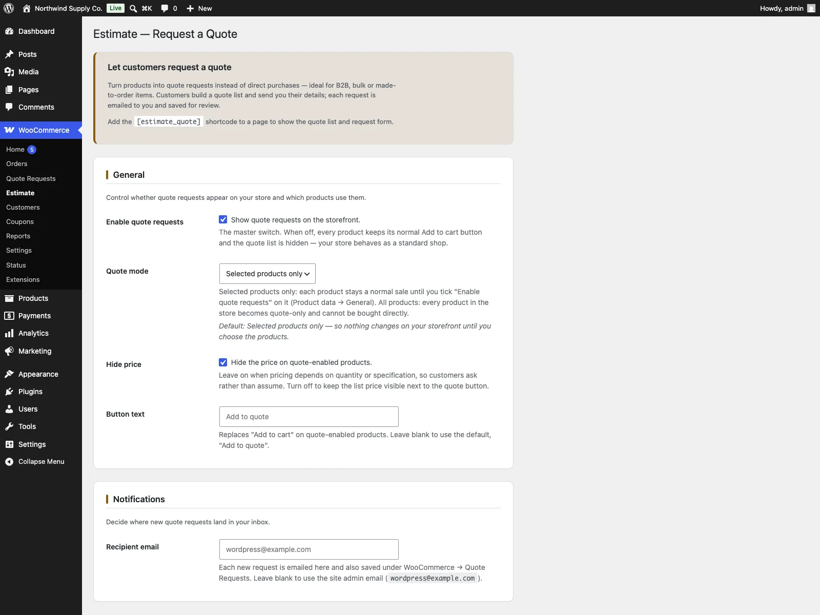 Estimate settings in the dashboard