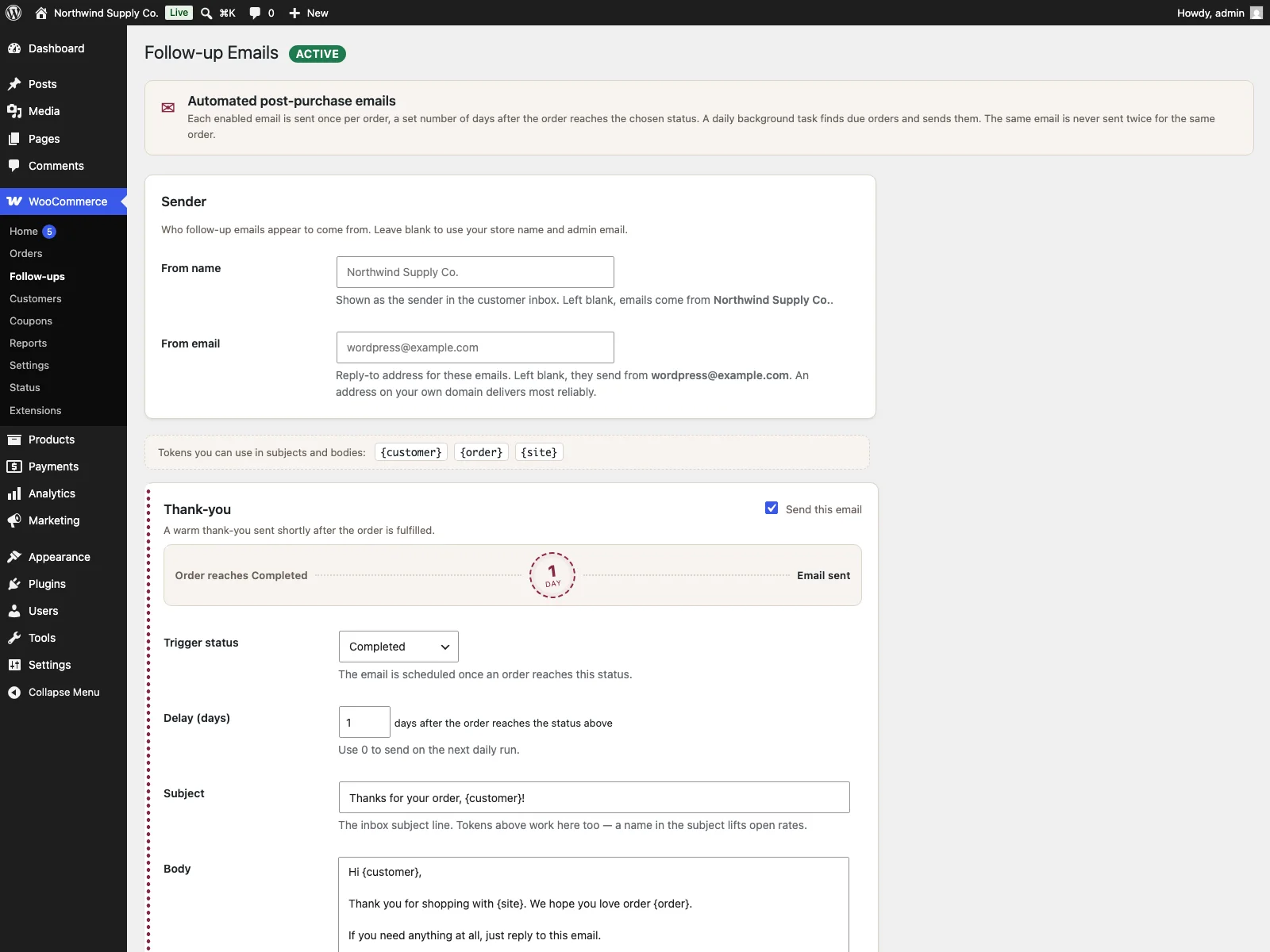 Follow-up settings in the dashboard