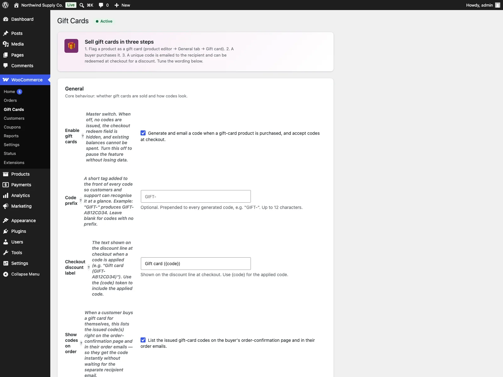 Gift Cards settings in the dashboard