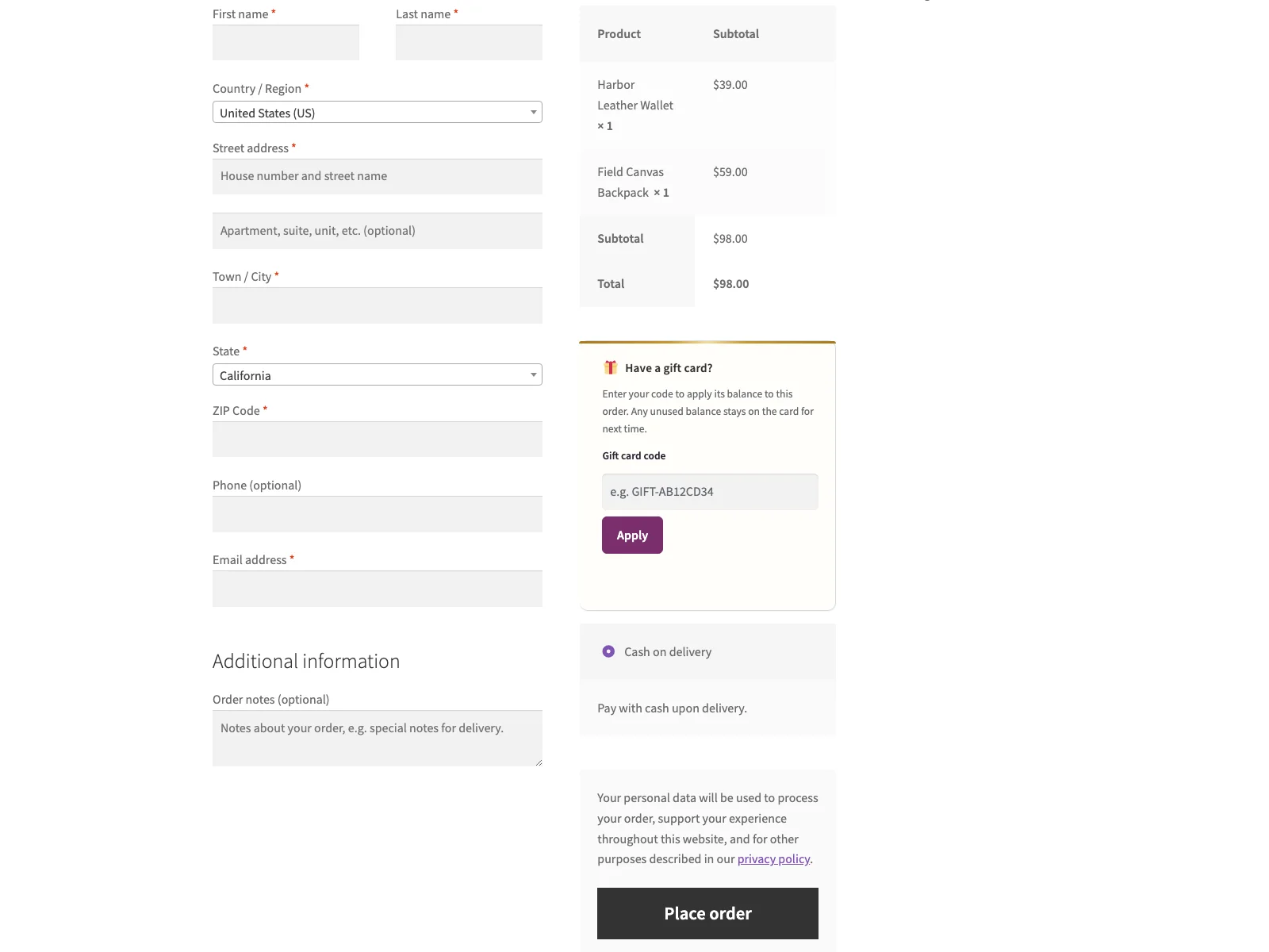 Redeeming a gift card at WooCommerce checkout