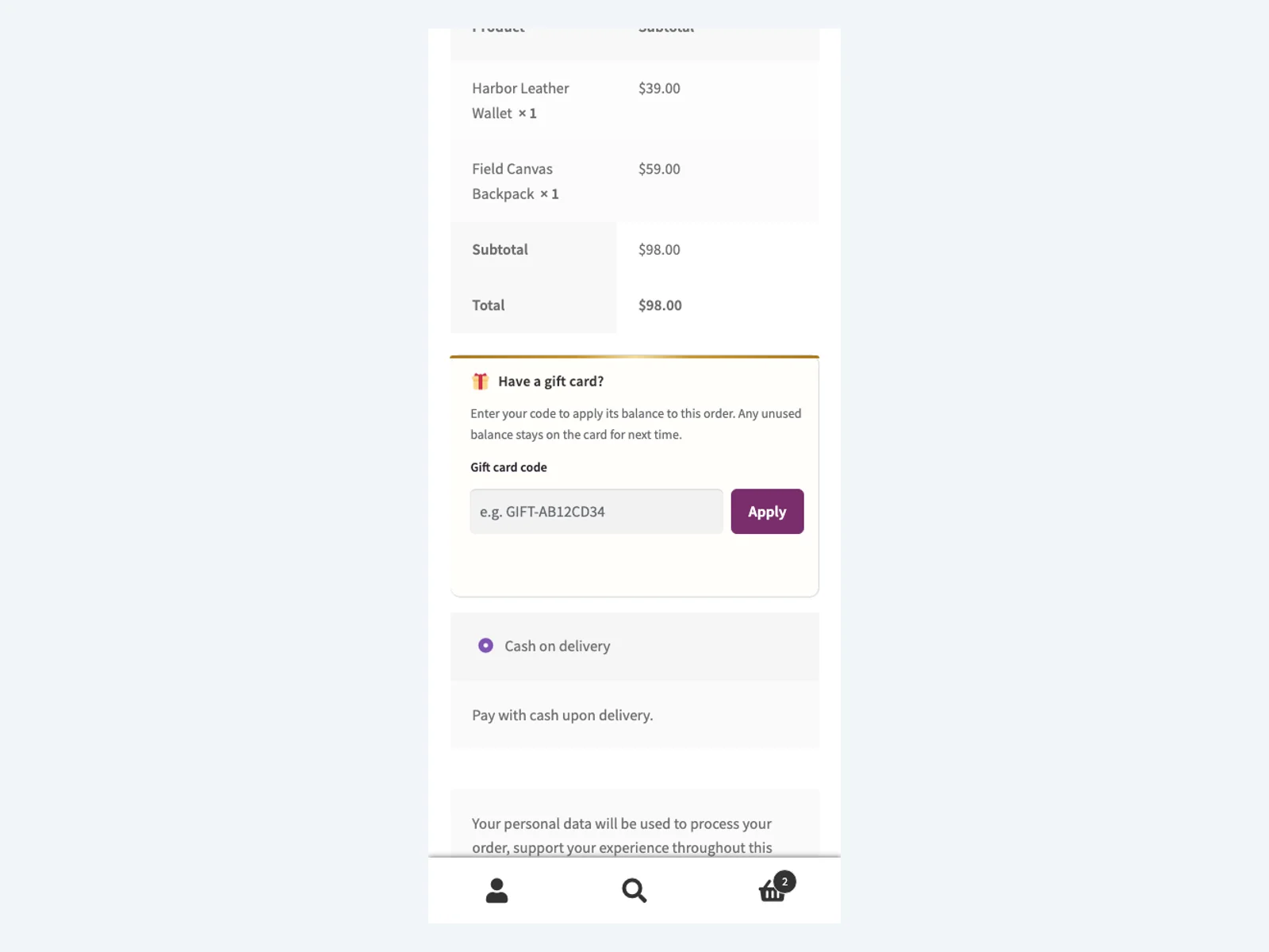 Gift-card redeem field at checkout on a phone