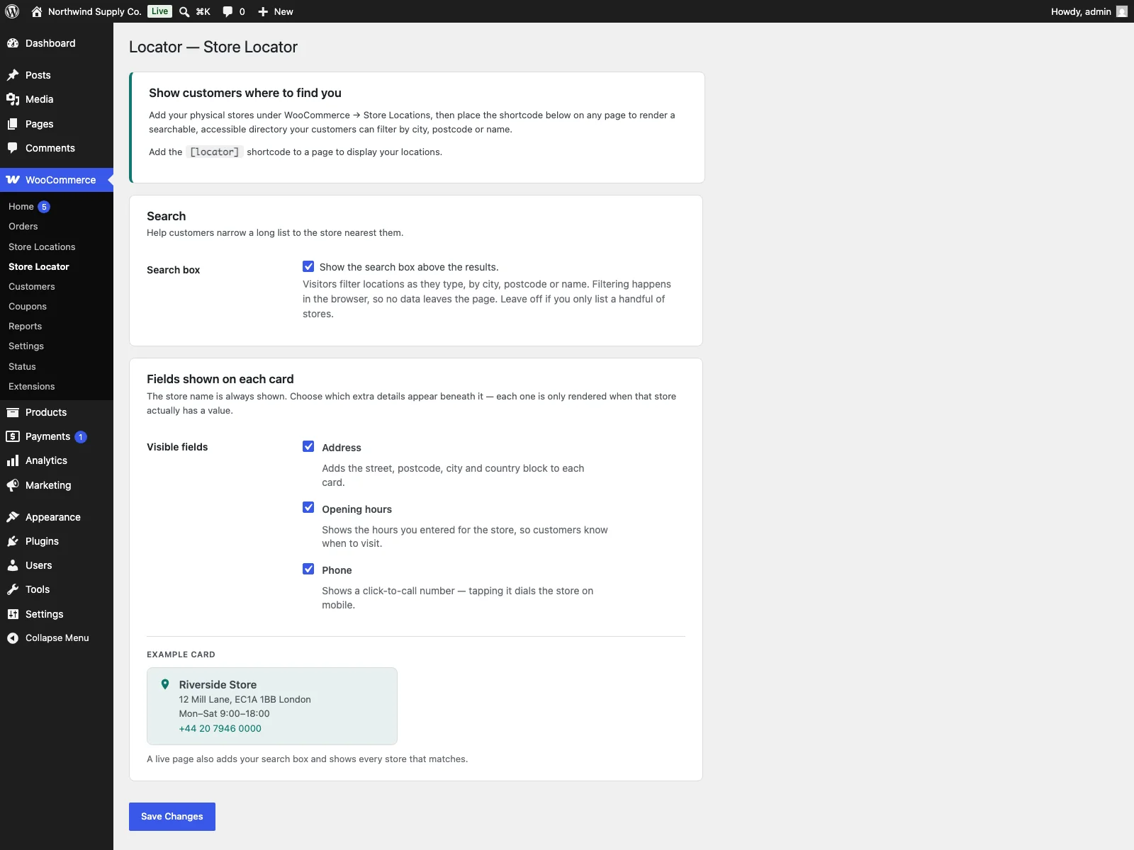 Locator settings in the dashboard