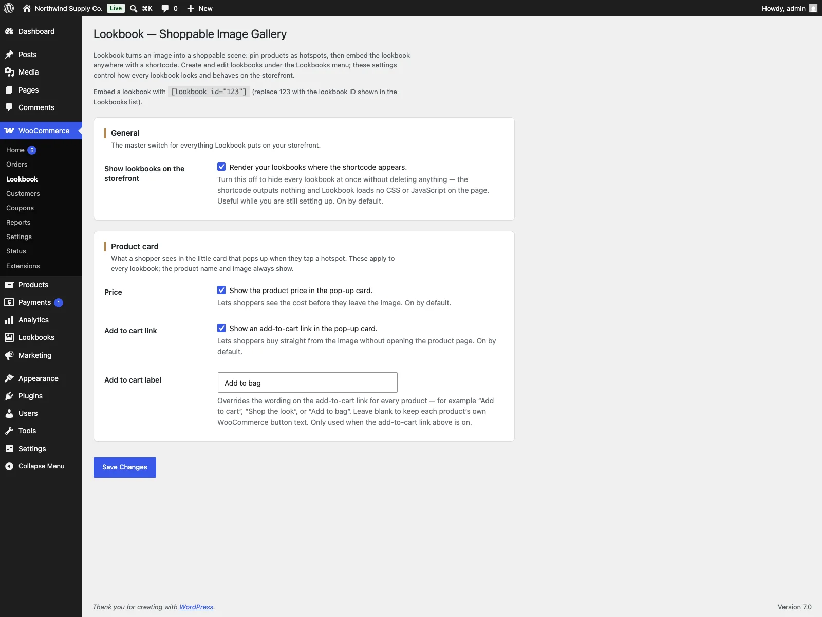 Lookbook settings in the dashboard