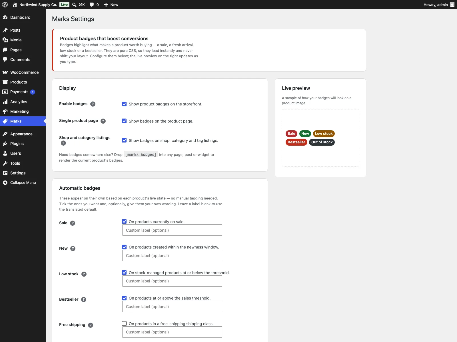 Marks settings screen with live preview
