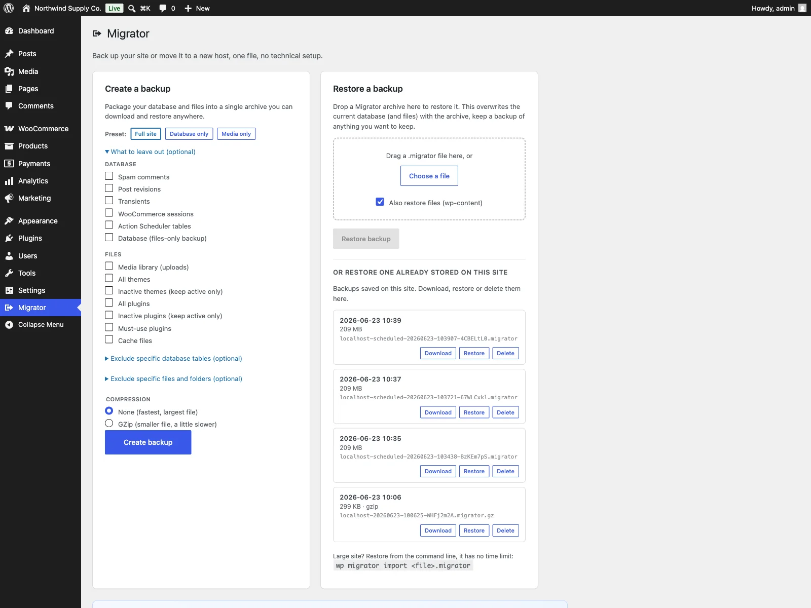 The Migrator screen: create a backup and restore in the WordPress dashboard