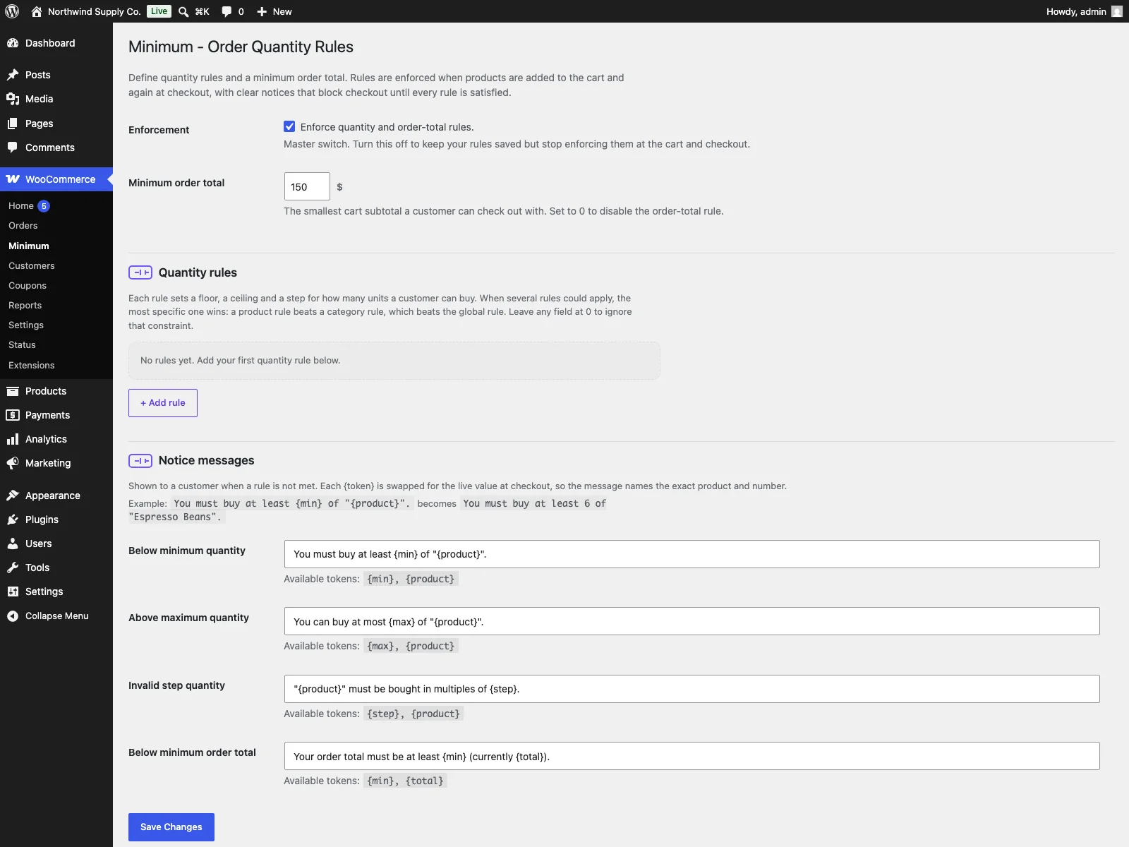 Minimum settings in the dashboard
