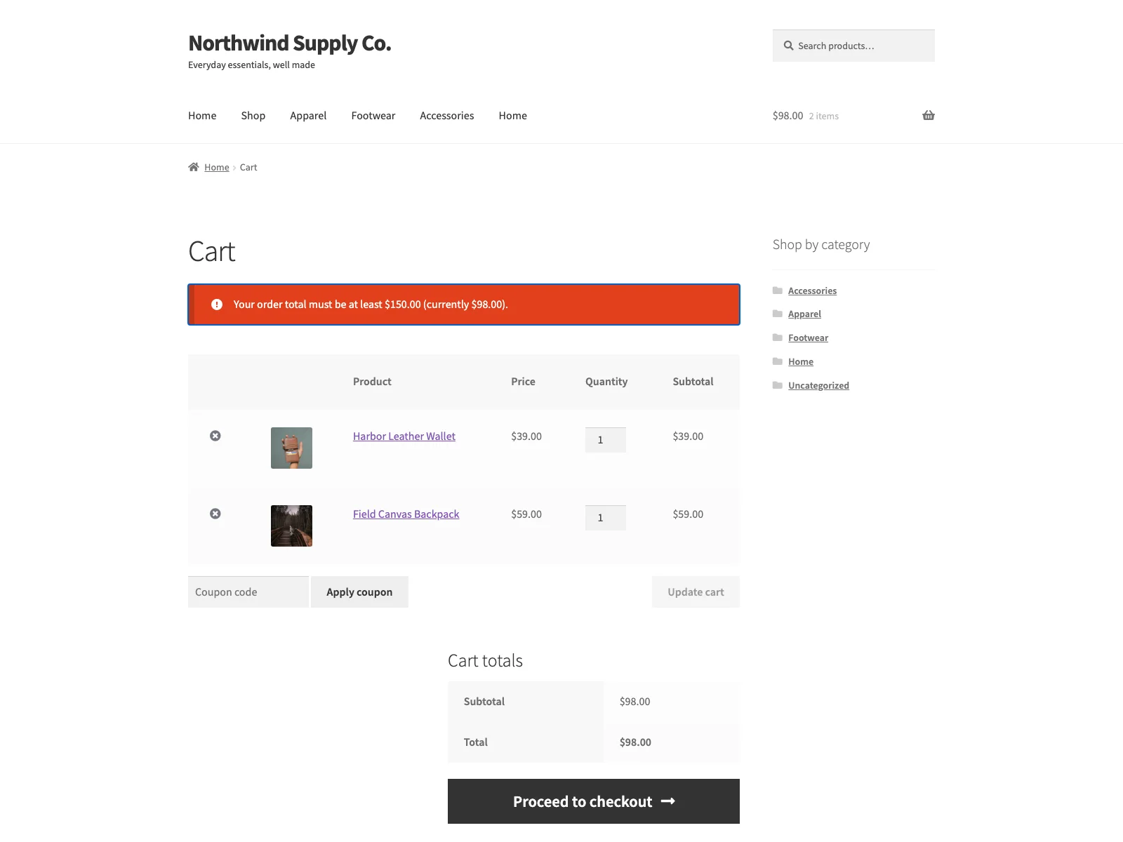 Minimum order-total notice in the cart