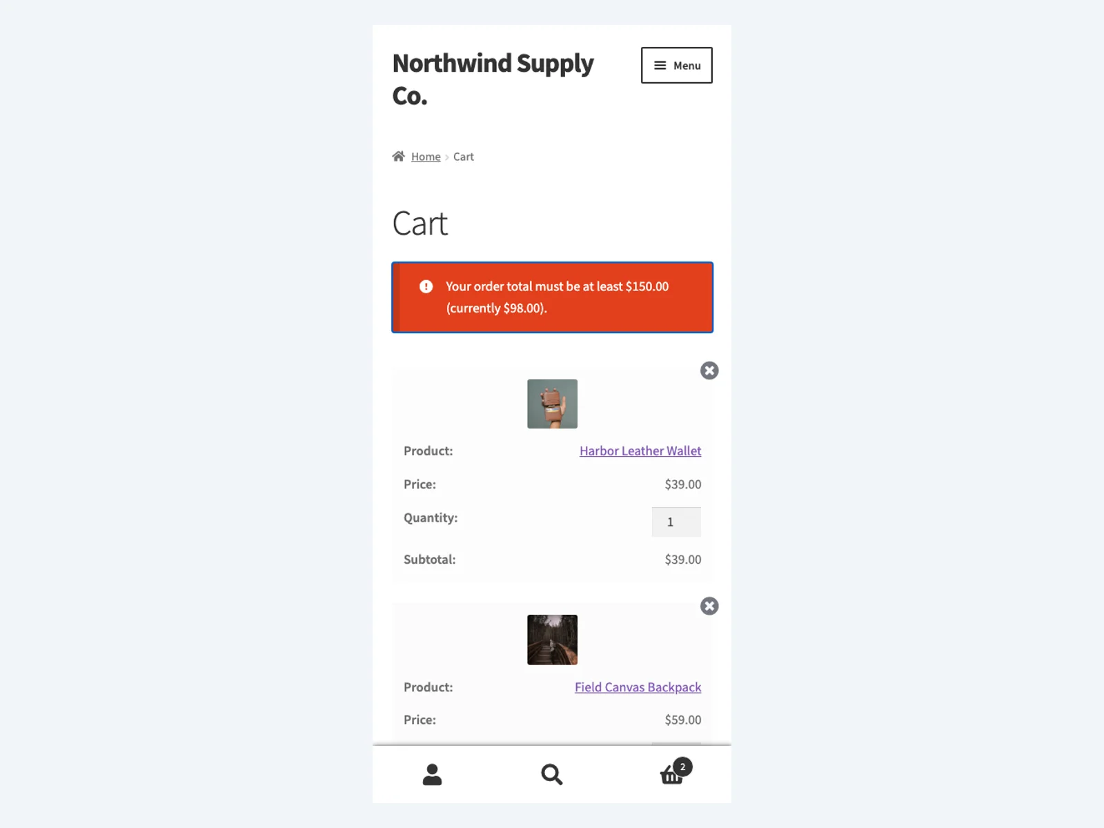 Minimum-order notice on mobile
