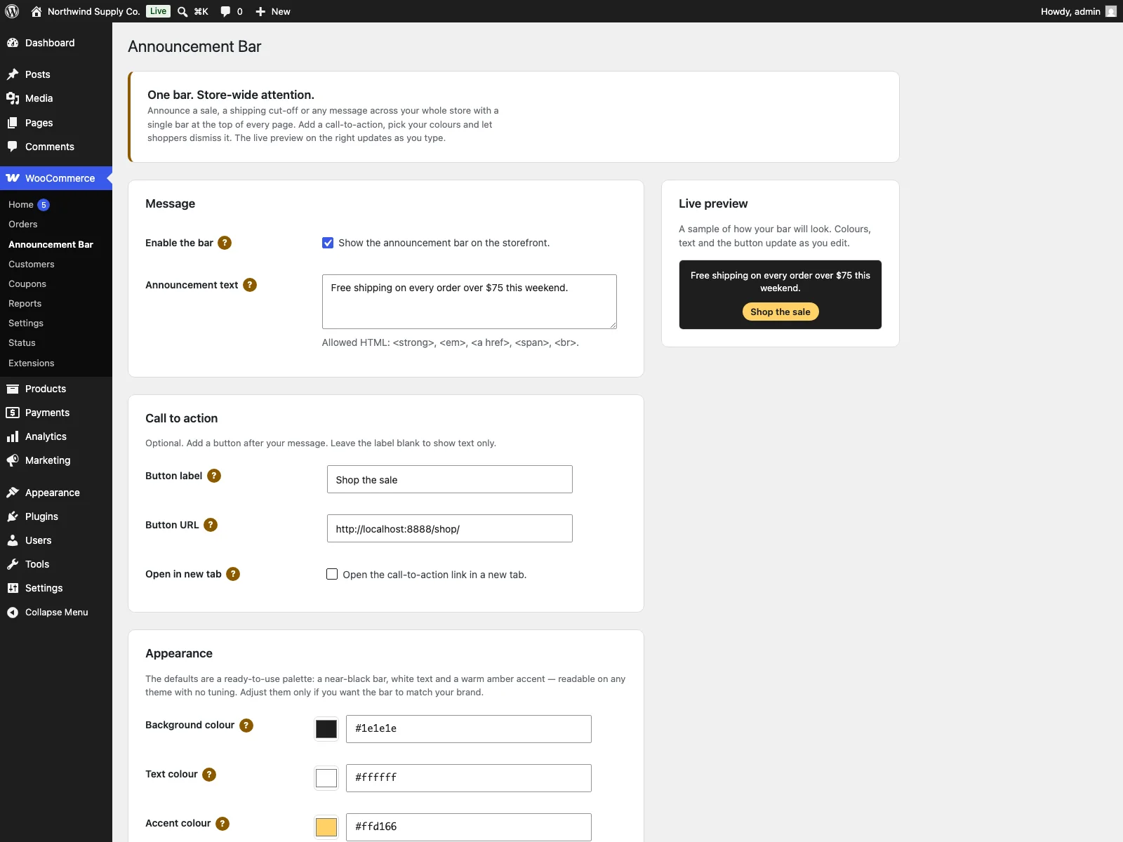 Notice settings in the dashboard