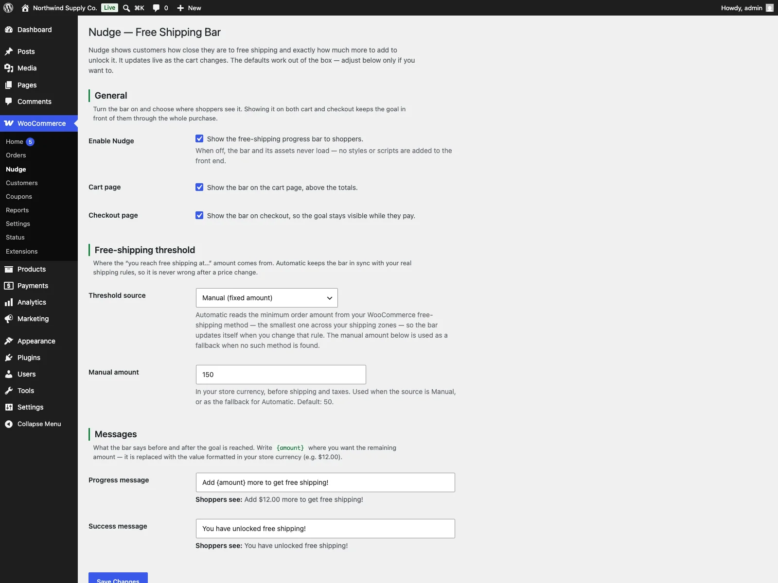 Nudge settings in the dashboard
