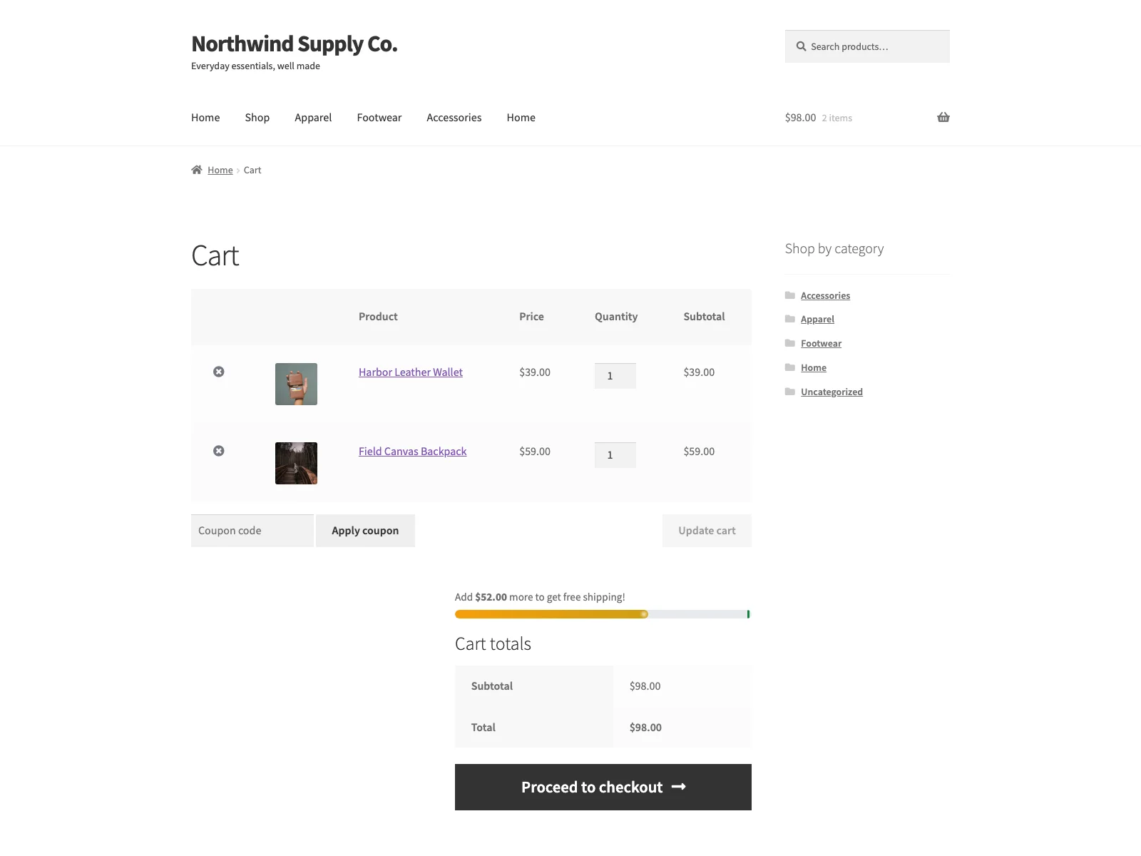 Free-shipping progress bar in the cart