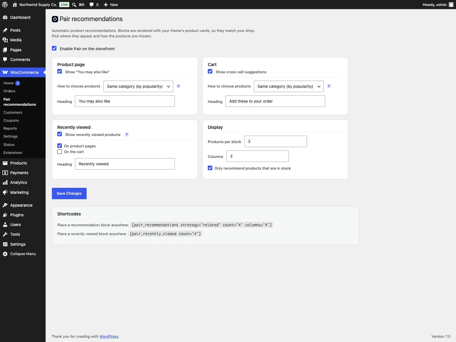 Pair recommendations settings in WooCommerce admin