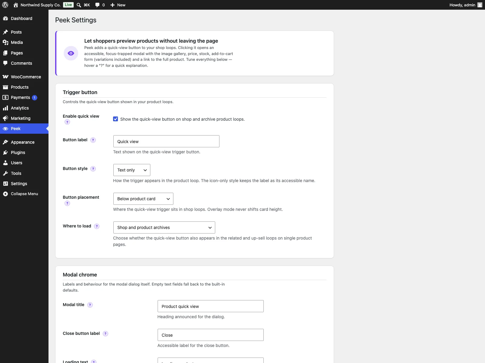 Peek settings in the dashboard