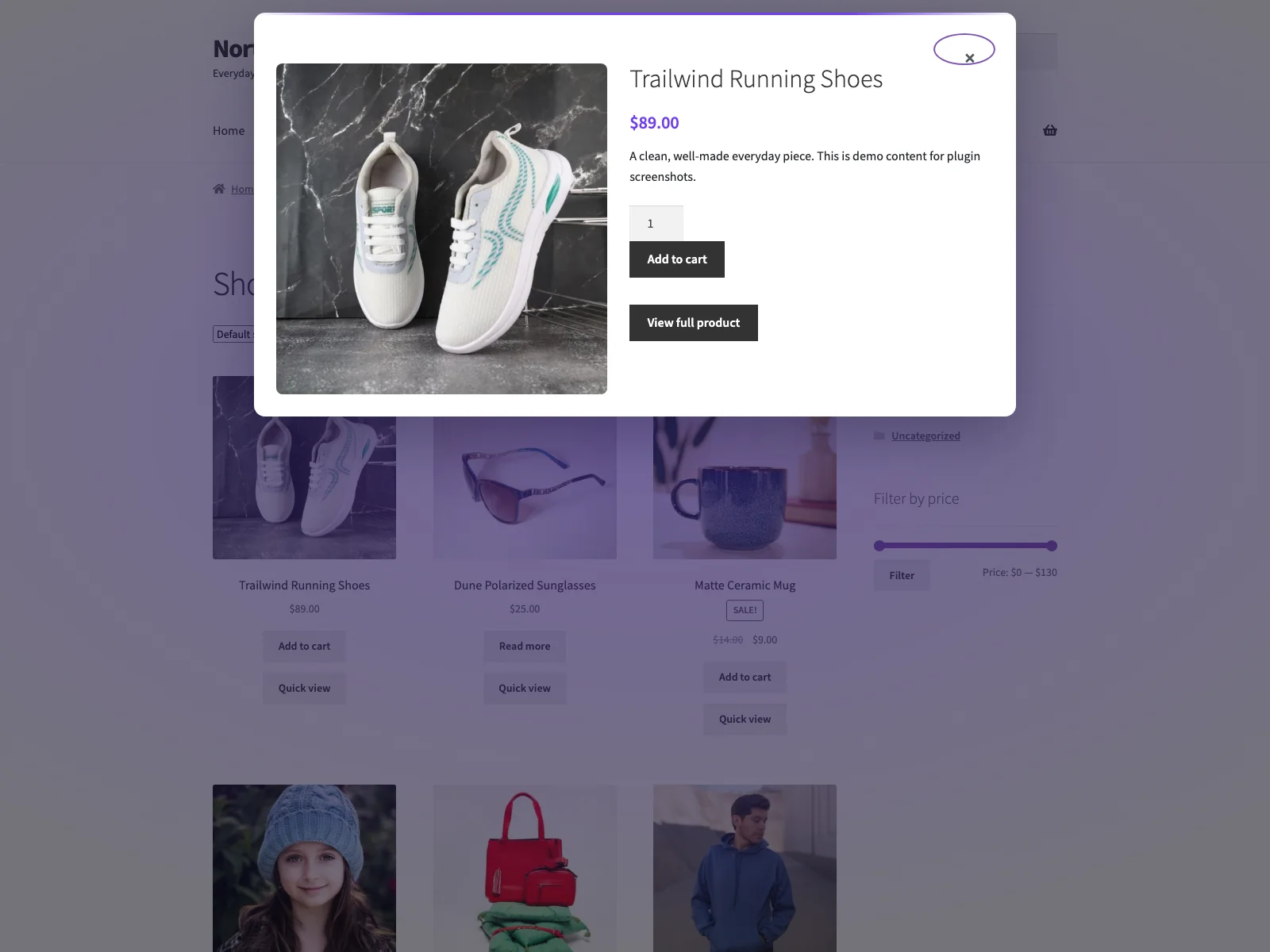 Quick-view modal on the shop listing