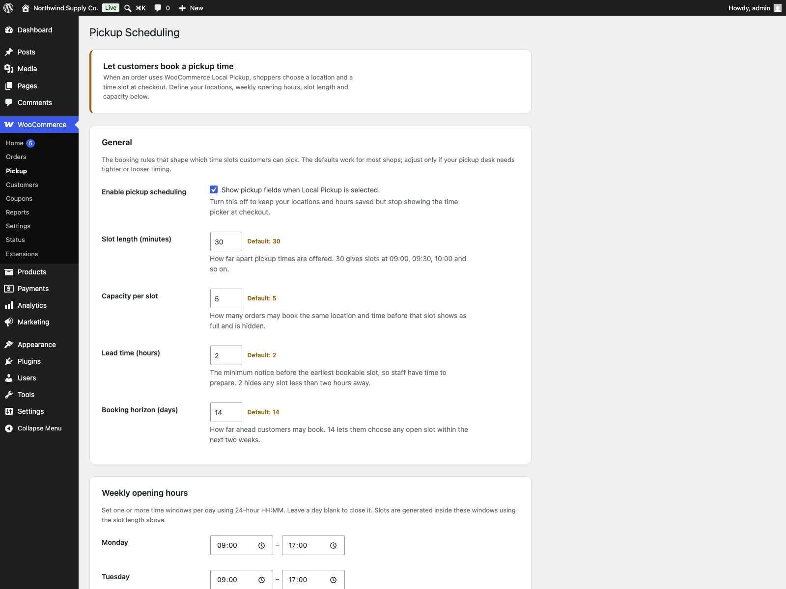 Pickup settings in the dashboard
