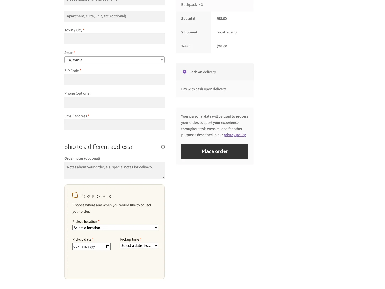 Pickup location and time picker at checkout