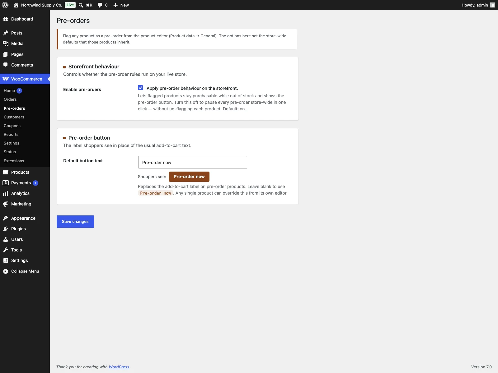 Preorder settings in the dashboard