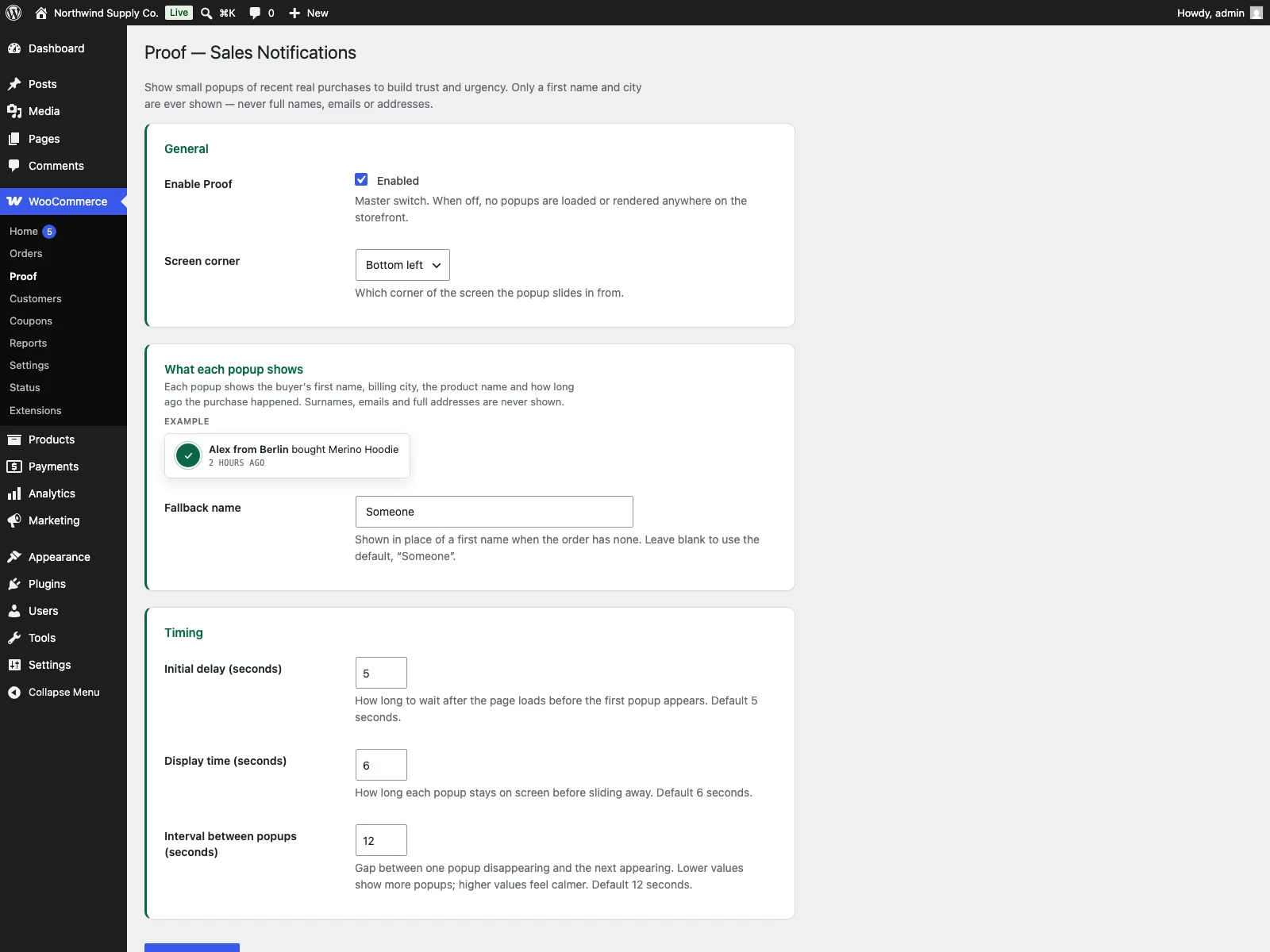 Proof settings in the dashboard