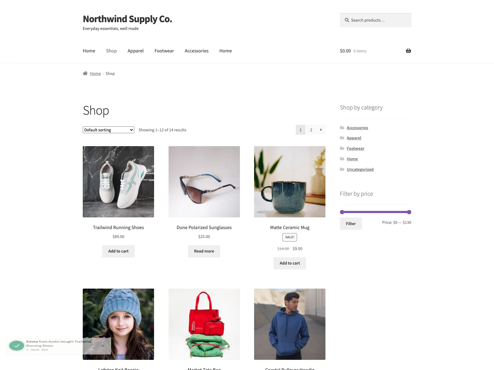 Recent-purchase notification in the corner of the shop
