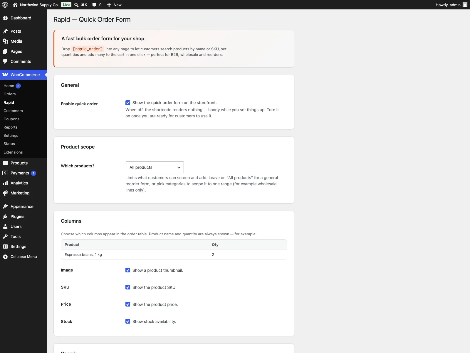 Rapid settings in the dashboard