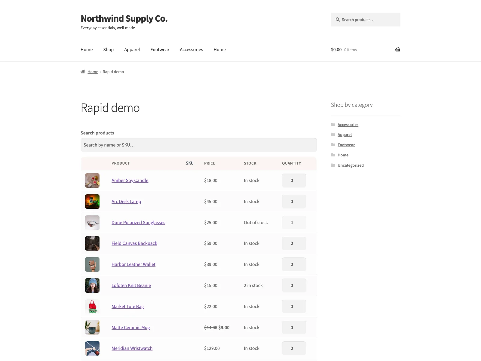 Quick order form with a product list