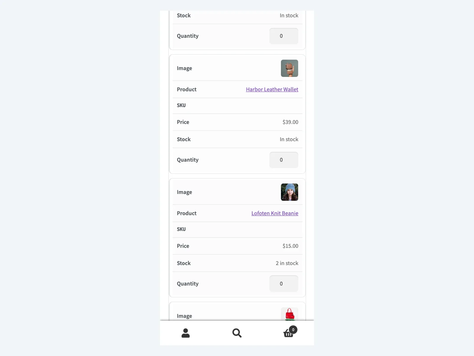 Quick order form on mobile