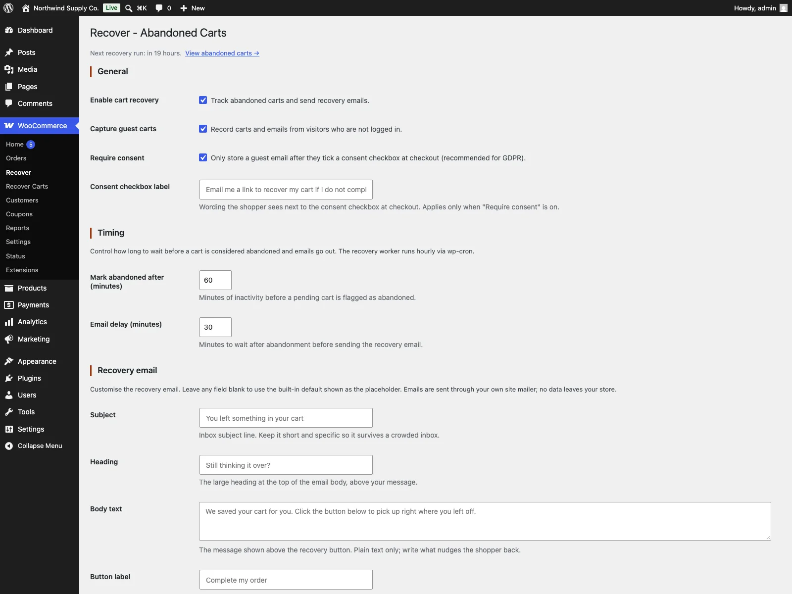 Recover settings in the dashboard